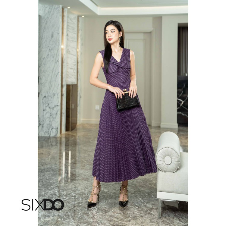 Đầm xòe sát nách xoắn ngực thời trang SIXDO (Dark Purple Sripe Midi Woven Dress)