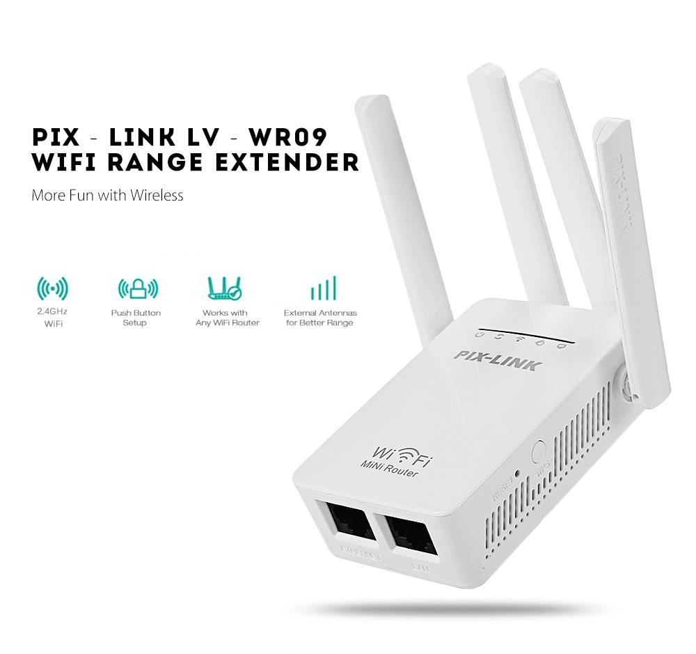 Thiết bị kích sóng wifi PIX-LINK 4 ăng ten LV-WR09 hỗ trợ các khu vực sóng yếu, nhỏ gọn và tiện lợi cho dễ dàng sử dụng cho mọi gia đình , hỗ trợ băng tàn 2.4ghz,  giao hành nhanh trong 1-2h