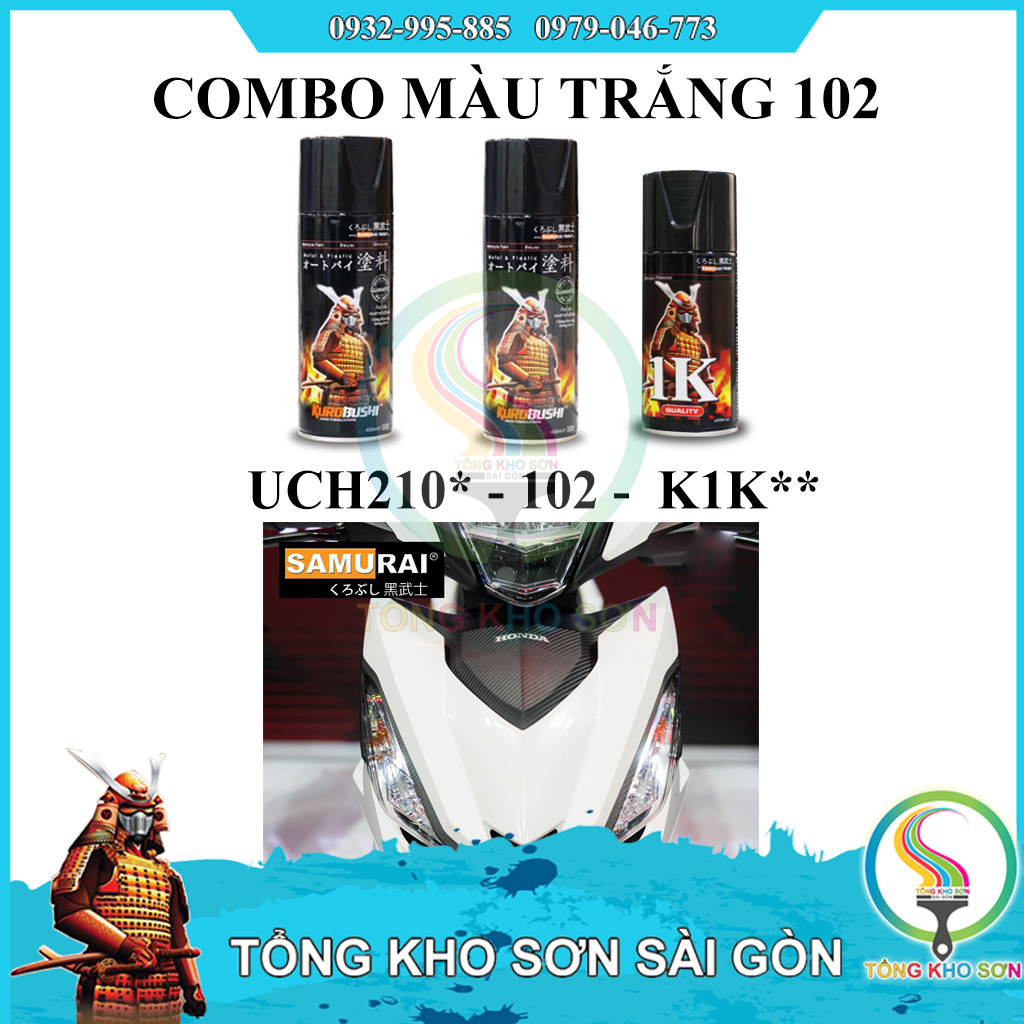 Combo sơn xịt samurai màu trắng tinh khôi 102 , uch210 , k1k