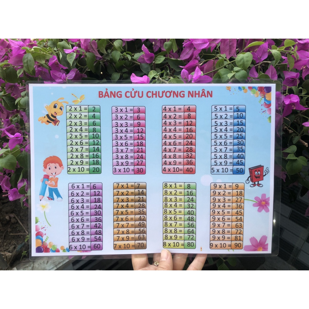 Bảng cửu chương nhân, chia kích thước A0 (bạt lụa, decal), A3, A4