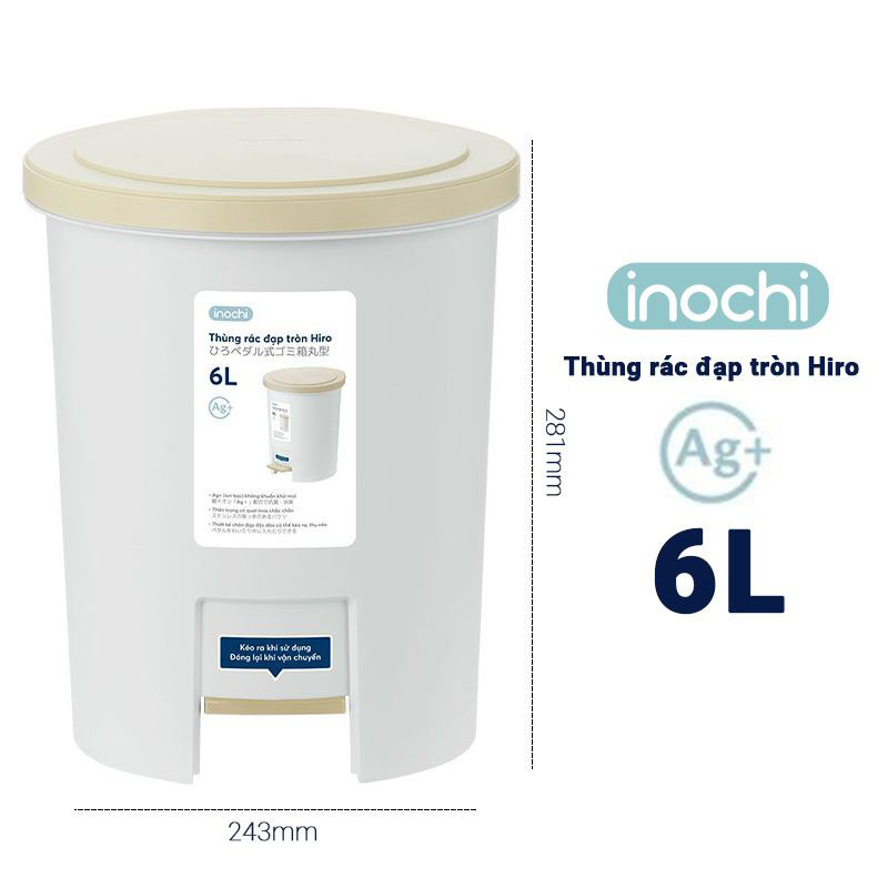 Thùng rác nhựa cao cấp đạp chân nắp đậy tròn Inochi Hiro 6L/12 Lít hàng xuất Nhật Bản (Mẫu nắp ngẫu nhiên)