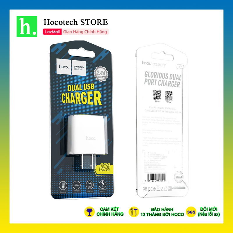 Củ sạc 2 cổng 2.4A cho điện thoại Hoco C73