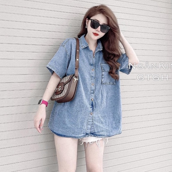 Áo sơ mi bò trơn cộc tay form rộng
