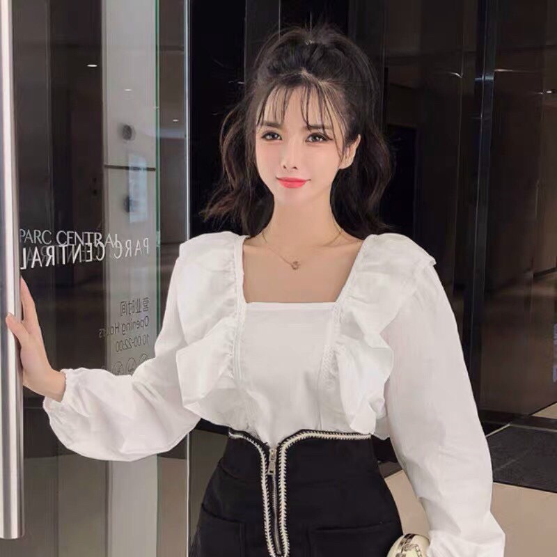 Áo voan bèo cổ vuông cách điêu thời trang TTSA0879