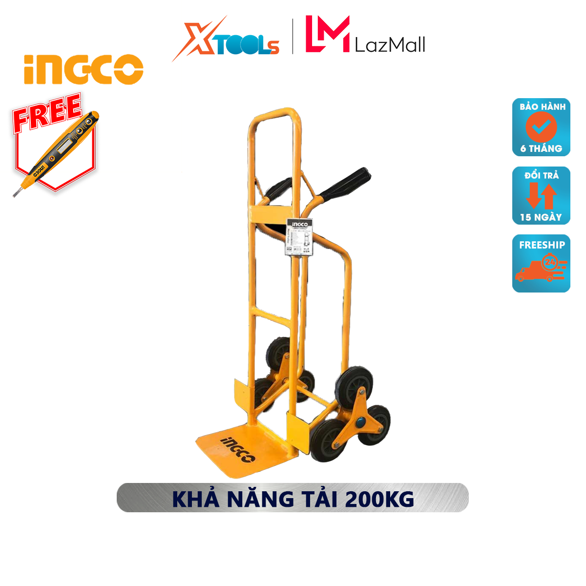 Trolley cart 6 wheel climbing stairs ingco HHHT20461 | cargo portable loading capacity 200KG, size foot pads 240x300mm, độ sheet thickness 3.5mm freight heavy, bulky [XTools] [xsafe]