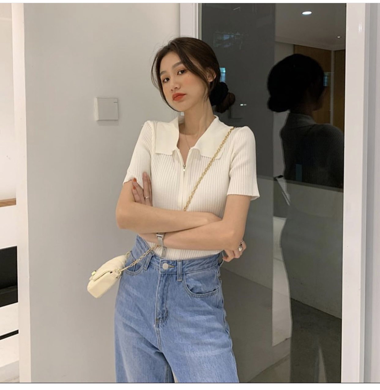 Áo Croptop Gân Dây Kéo