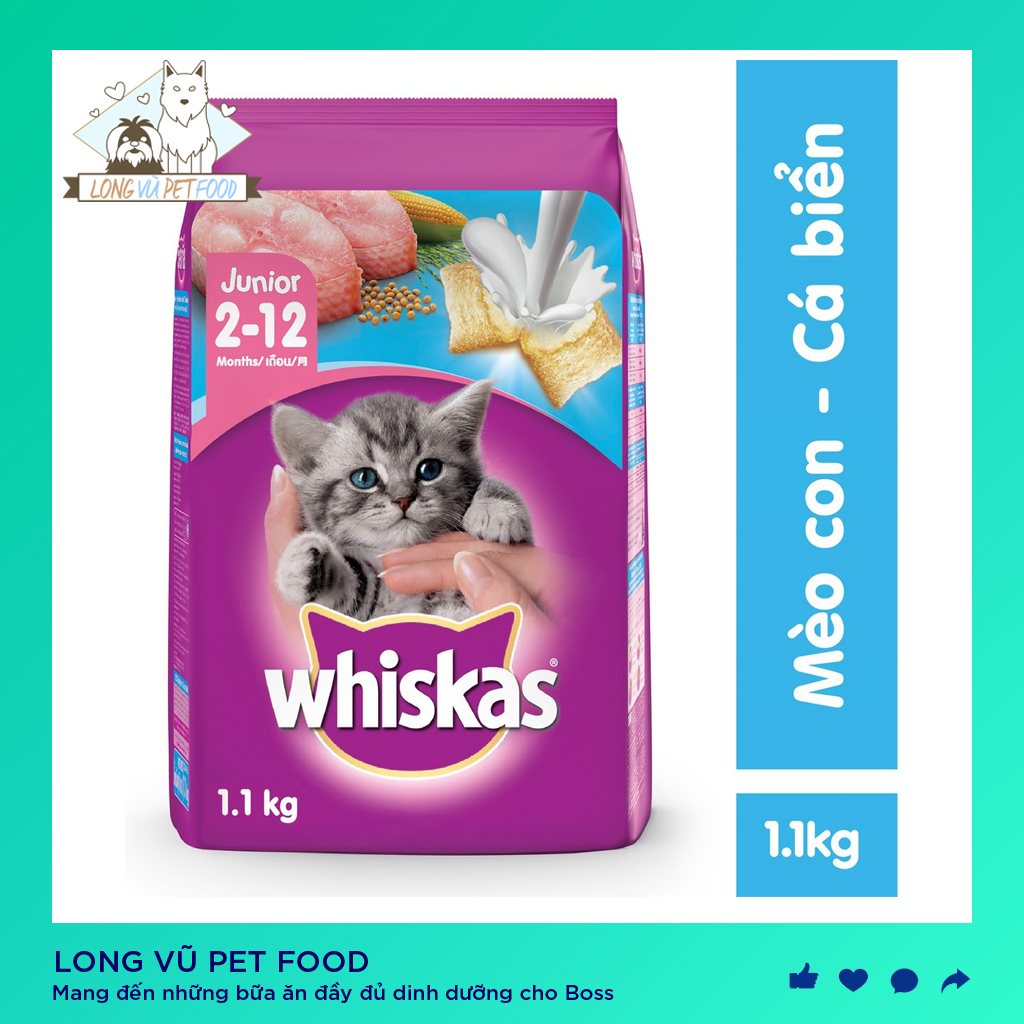 Thức ăn cho mèo con Whiskas vị cá biển & sữa túi 1.1kg - hạt cho mèo con dưới 1 tuổi - Long Vũ Pet Food