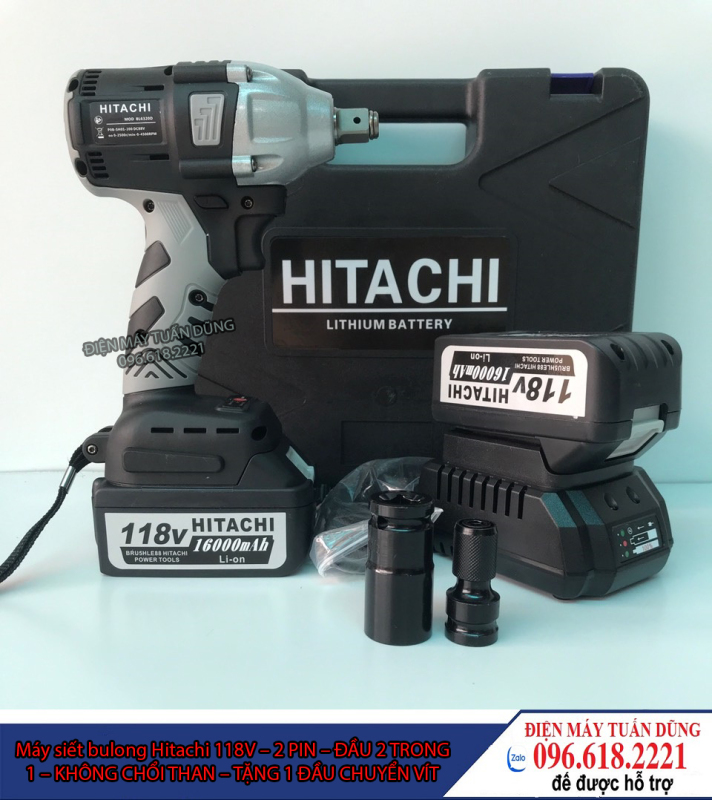 Máy siết bulong Hitachi 118v - 2 PIN - Đầu 2 trong 1 - KHÔNG CHỔI THAN - TẶNG 1 ĐẦU CHUYỂN VÍT
