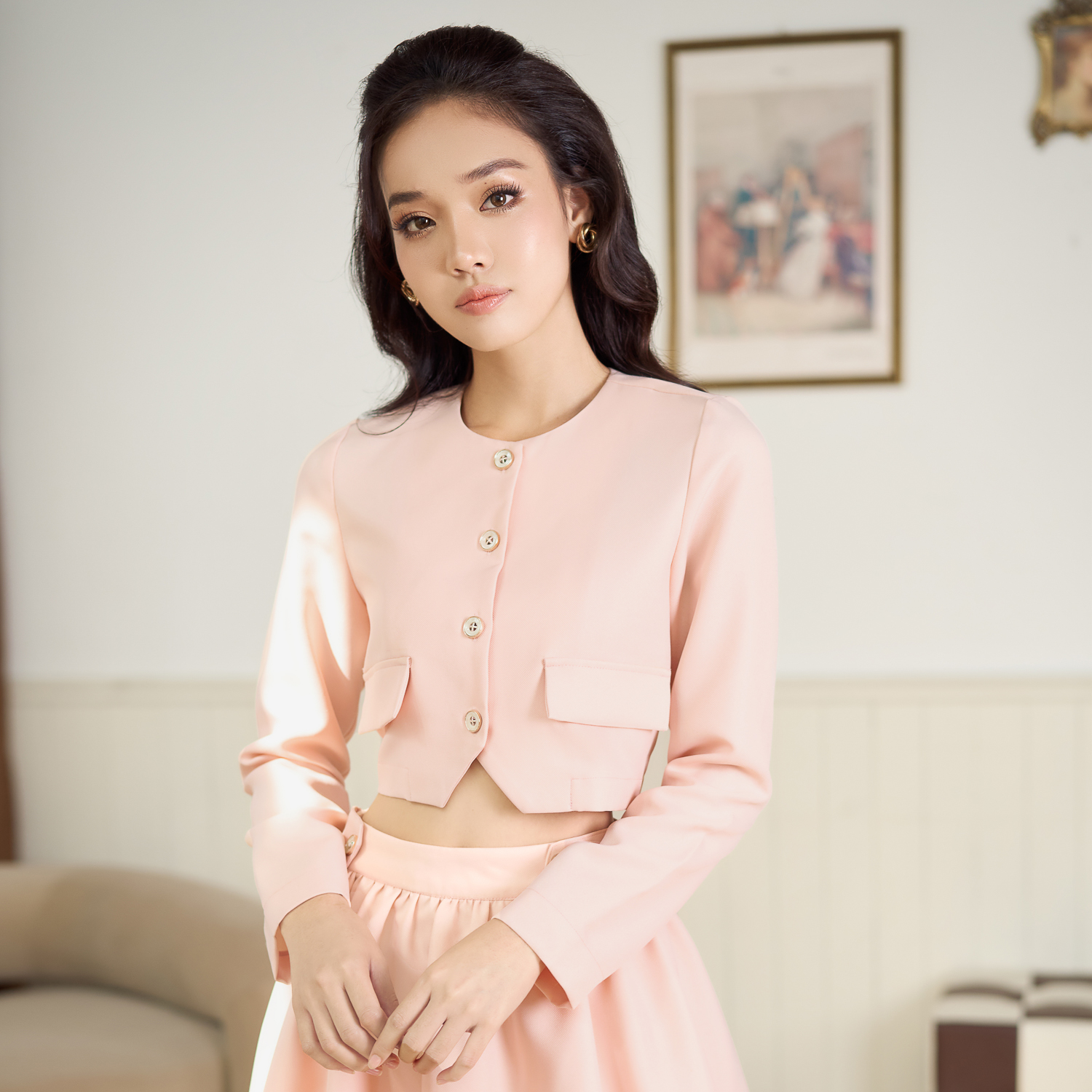 Áo suông pho xéo phối cổ bèo trắng Maybi