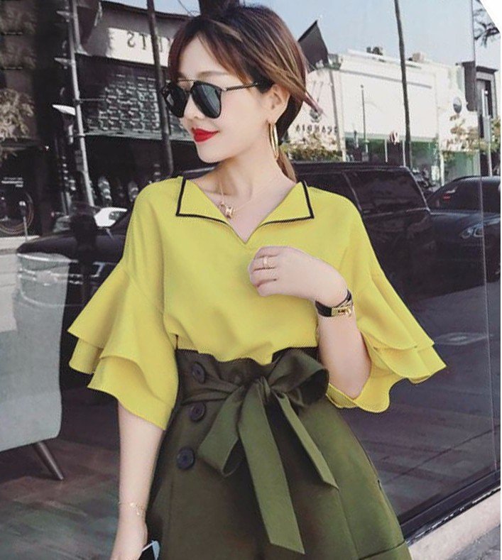 Áo cổ bẻ phối viền tay loe công sở