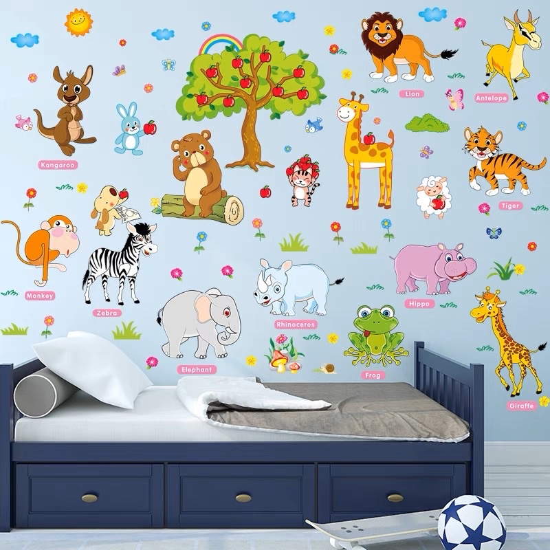 Decal dán tường cho bé thú qua cầu và thú tiếng anh