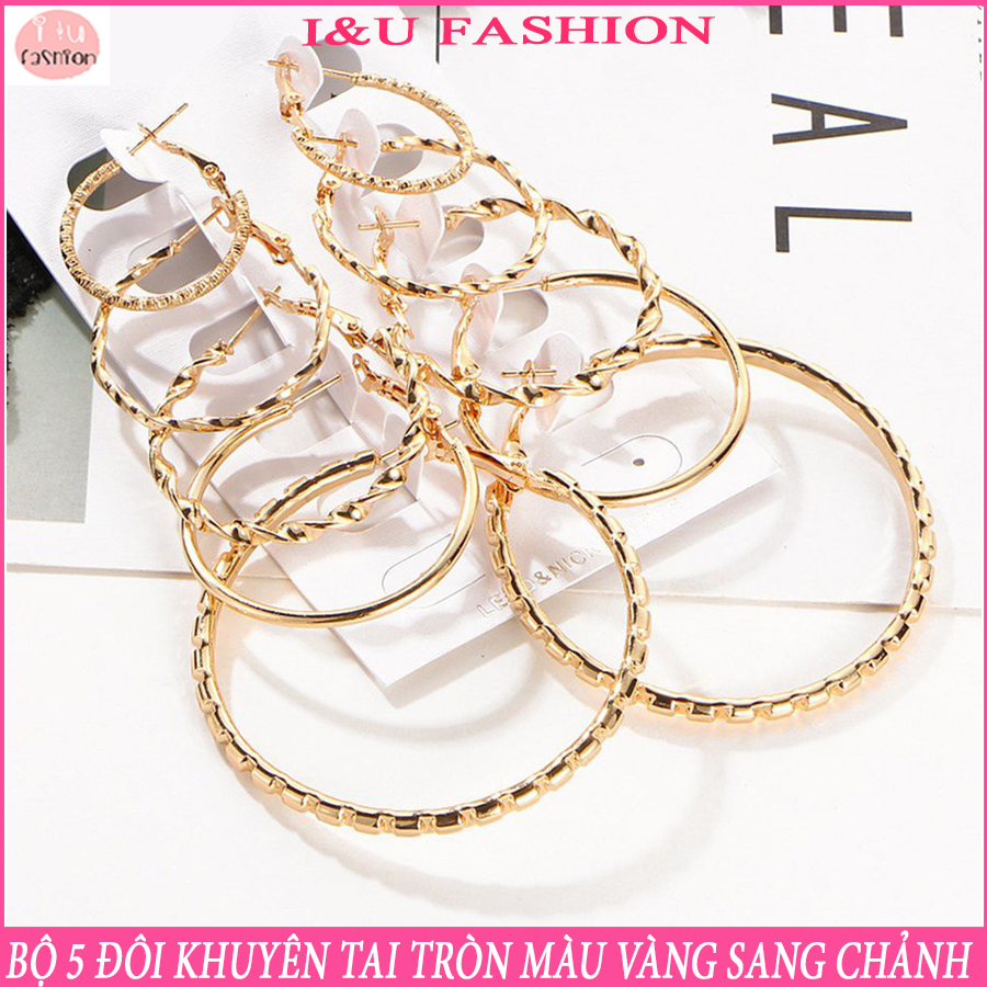 Bộ 5 đôi khuyên tai tròn màu vàng sang trọng cá tính với 5 thiết kế khác nhau vô cùng tinh tế cho nữ KT-47