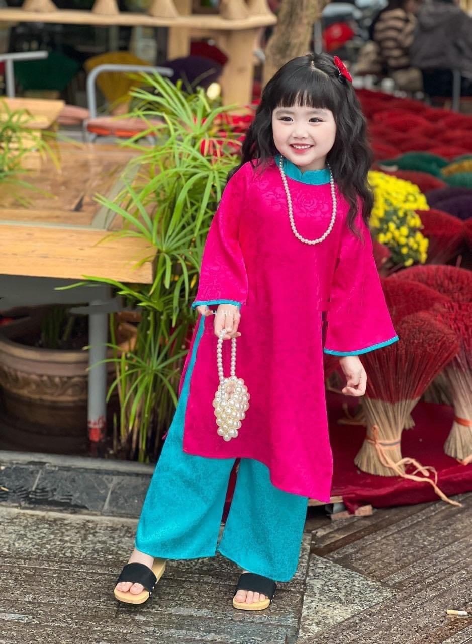 Áo dài gấm cho mẹ và bé - Xanh hồng
