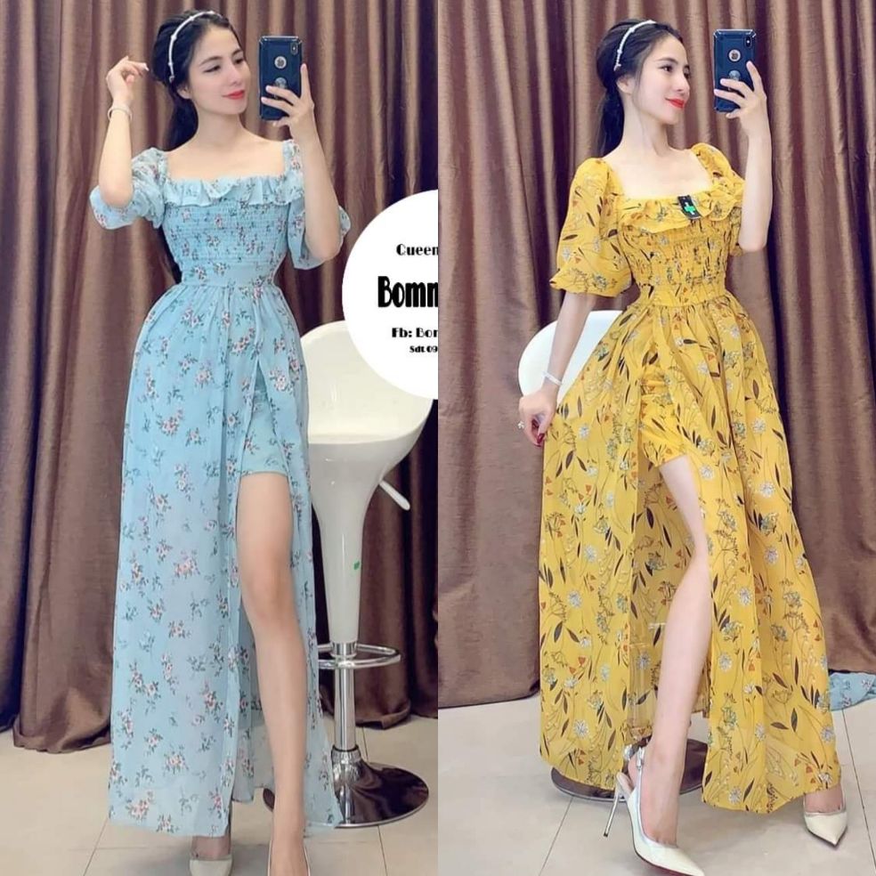 Đầm maxi hoa tay lỡ phồng xẻ đùi cổ bèo nhúng ngực