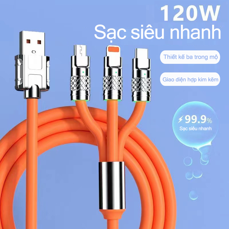 Cáp Sạc Nhanh , Dây Sạc Tự Ngắt Bọc Dù 100W Tích Hợp 3 Cổng Micro Usb Type C 3 In 1 Cho iPhone Android