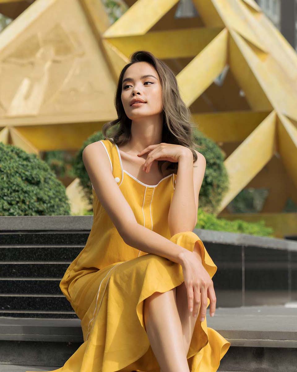 Đầm Linen Vàng Back to work F2 D410
