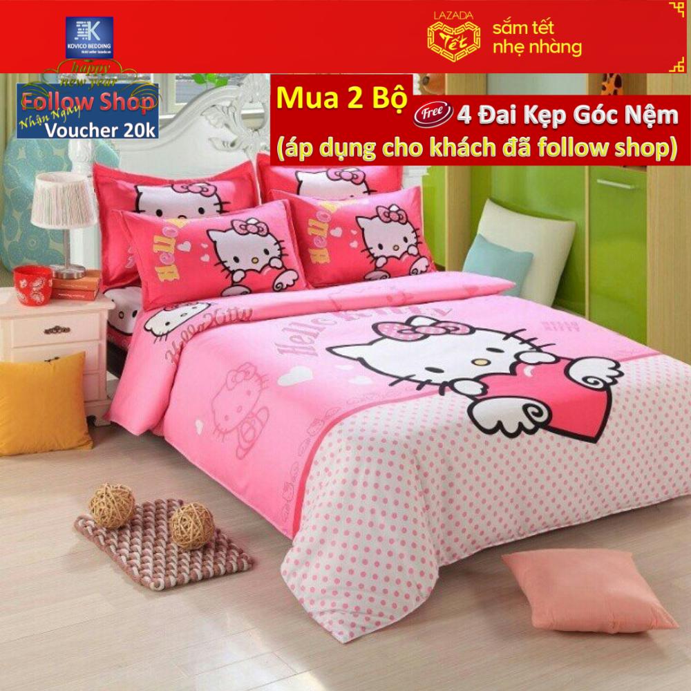 (FreeShip MAX) Bộ chăn ga gối bọc kitty Thiên Thần