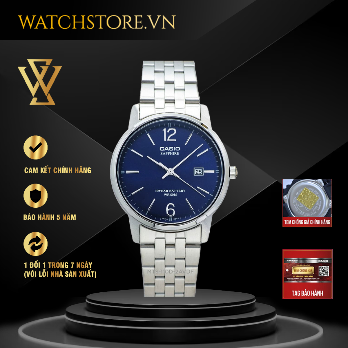 Đồng hồ quartz nam casio chính hãng watchstore mts-110d-2avdf thiết kế kính sapphire 39mm, dây kim loại, vỏ thép không gỉ