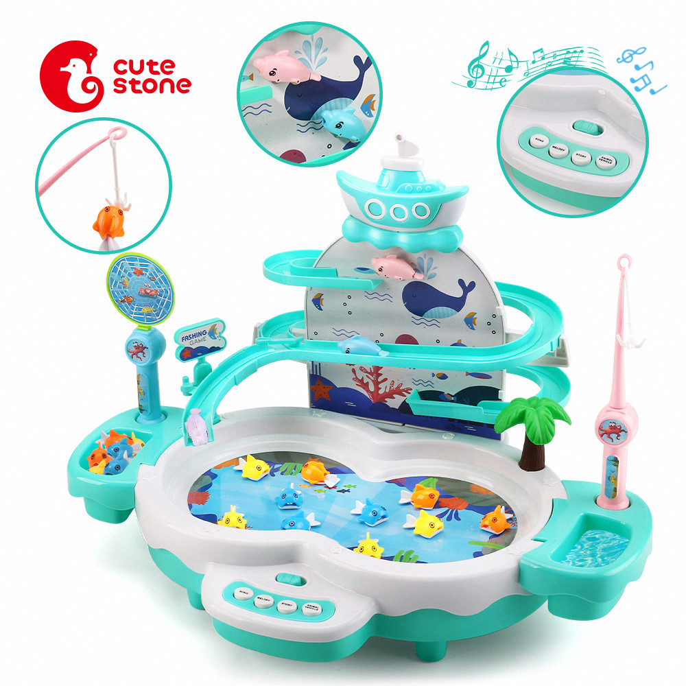 Bộ đồ chơi trò chơi câu cá điện tử dễ thương với 2 gậy câu cá đồ chơi và cá heo đi cầu trượt bộ đồ chơi giáo dục từ tính có câu chuyện âm nhạc cho trẻ em từ 2-3 tuổi
