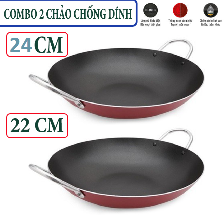 [COMBO 2 CHẢO SÂU LÒNG 24-22 CM] Chảo chống dính 2 quai sâu lòng size 24 cm và 22 cm hàng công ty dày dặn- Chảo chống dính 2 quai cao cấp