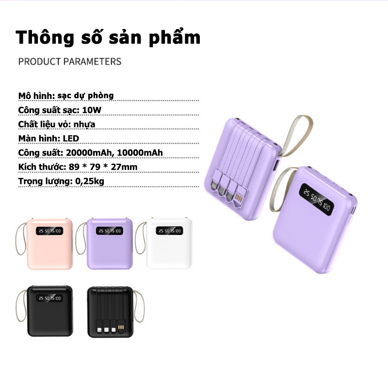 Cục sạc dự phòng 20000mAh mini cầm tay cao cấp tích hợp 4 đầu sạc và đèn chiếu sáng -Sạc dự phòng 20000mAh,Đi kèm với bốn dây có thể tháo rời,sạc siêu nhanh,Pin lithium-ion polymer, sạc an toàn