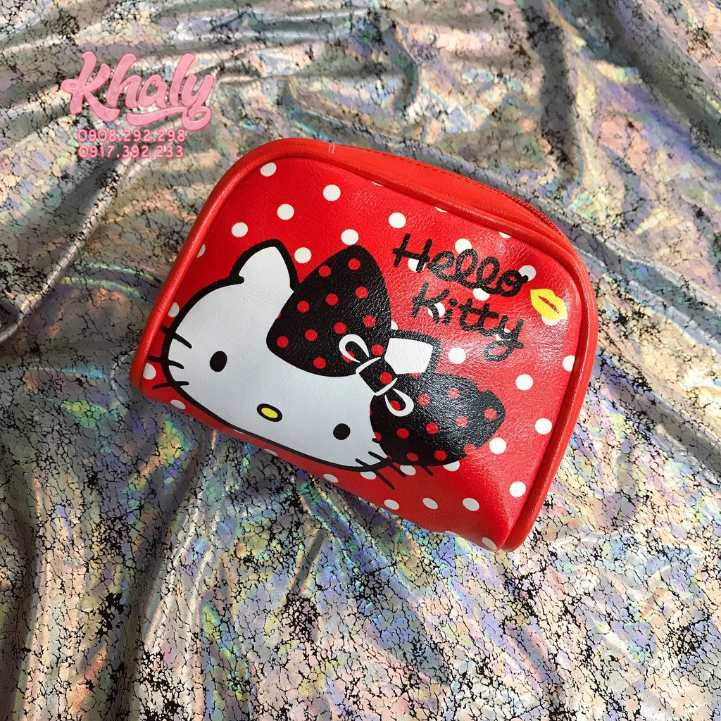 Bóp ví tiền mỹ phẩm đồ dùng cá nhân Kitty nơ đen chấm bi trắng màu đỏ - 60BTKT1 (14,5x7x11cm)