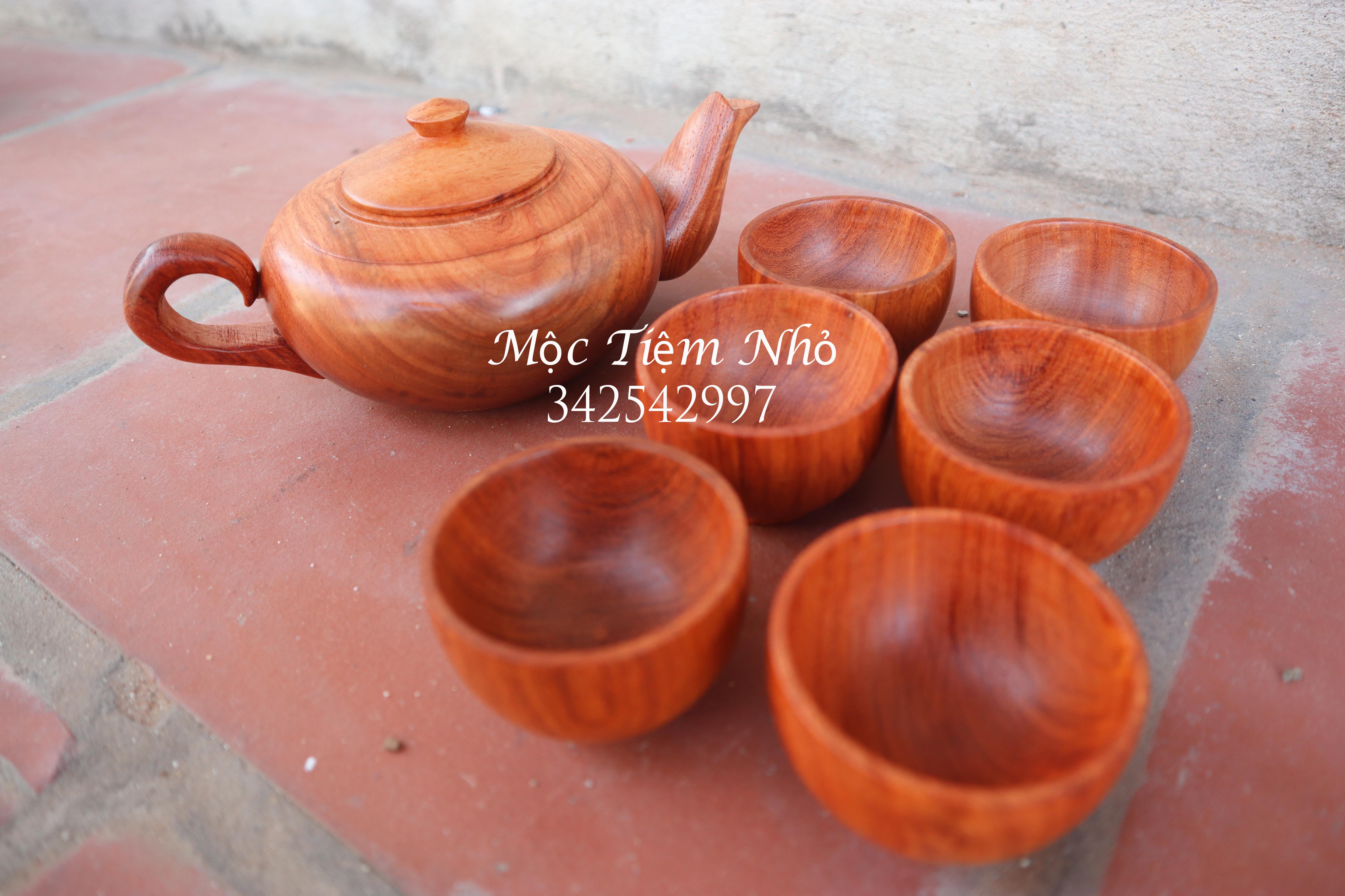 Bộ ấm chén trơn gỗ hương nguyên khối 1 ấm 6 chén