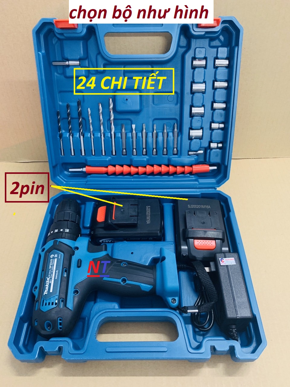 Máy khoan pin có BÚA makita 26v. (kèm 2pin và nhiều phụ kiện)