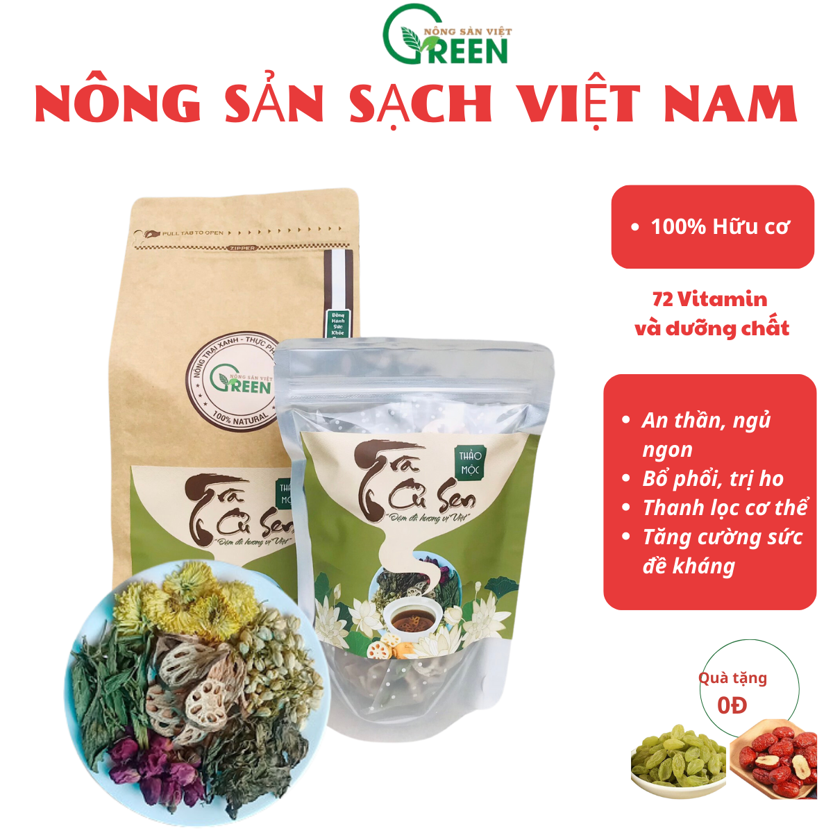 Trà củ sen thảo mộc thương hiệu Việt Green từ trà củ sen Hương nông sản