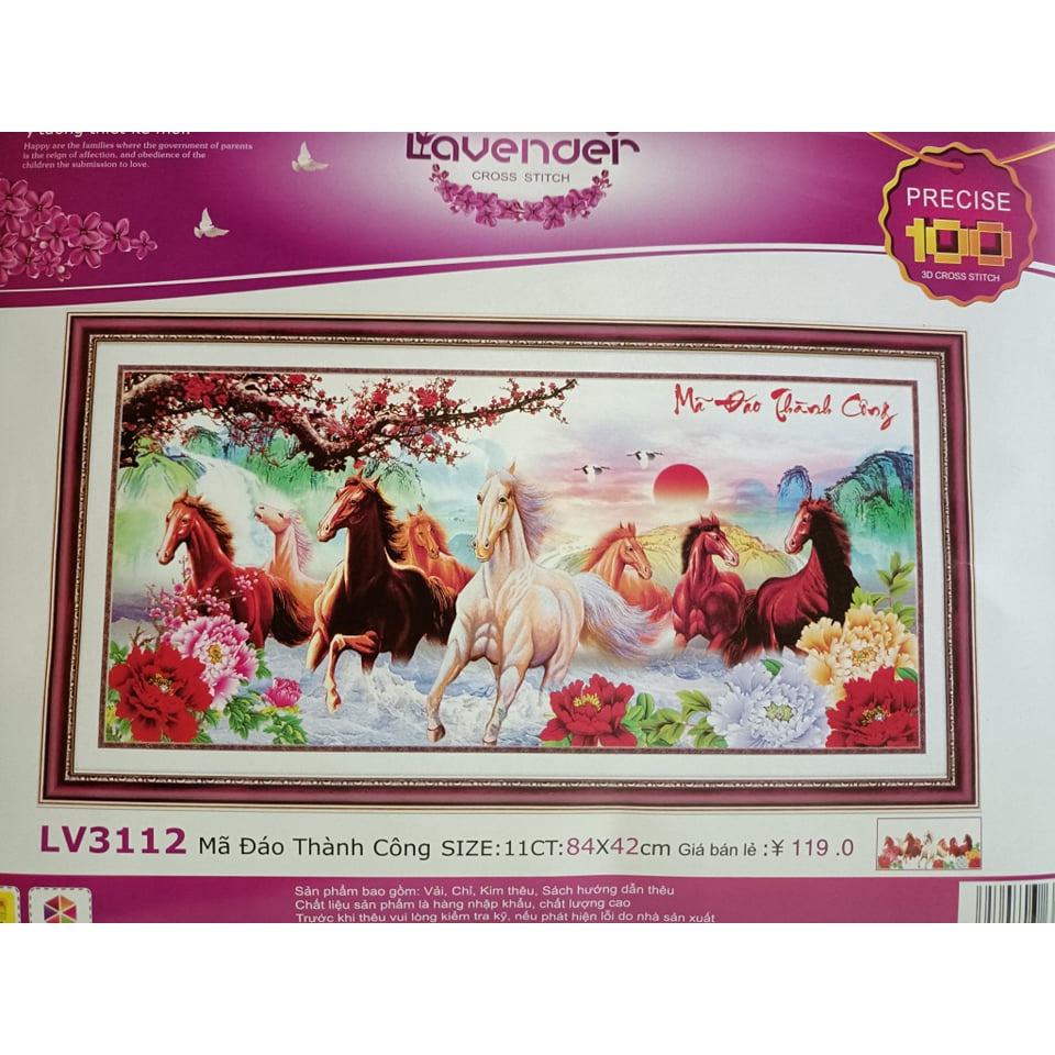 Tranh thêu chữ thập 8 ngựa mã đáo thành công 3D LV3404 kích thước  160*70