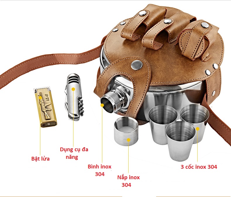 Bình inox đựng rươu 1,2 lít kèm dụng cụ đa năng