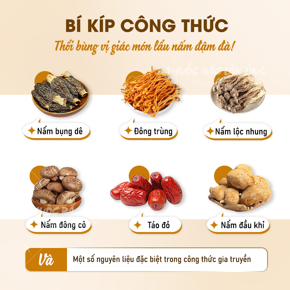 Gói Lẩu nấm 100g (set hầm siêu nấm, thơm ngon, bổ dưỡng) - Thuốc Bắc Lãn Ông
