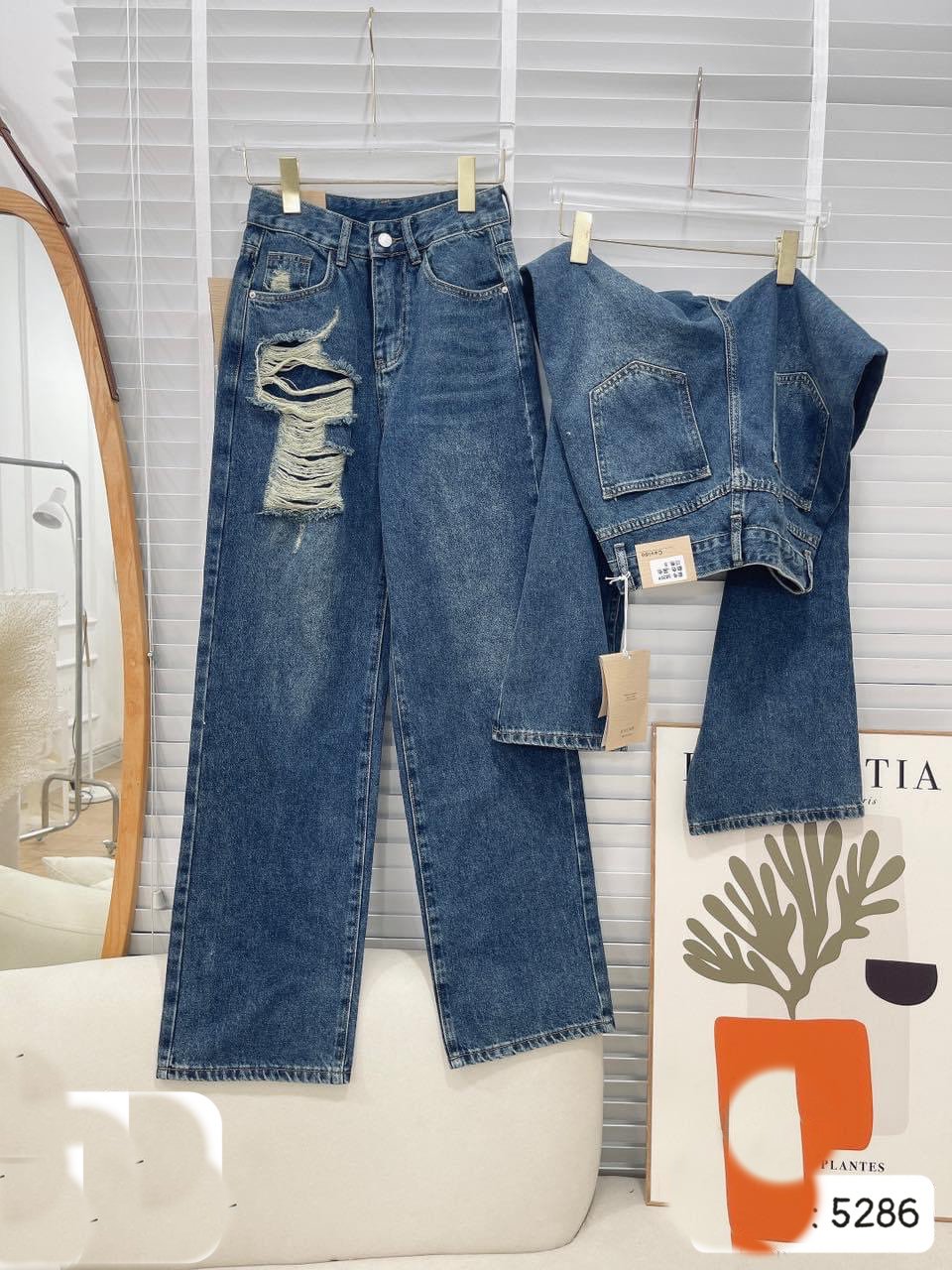 QUẦN JEANS ỐNG RỘNG NỮ LƯNG CAO RÁCH 1 MẢNG TÚI ĐÙI PHẢI CAO MÀU XANH ĐẬM LAI CUỐN XỊN XÒ MỀM MỊN PHÁ CÁCH HOT HIT CAO CẤP LOTI