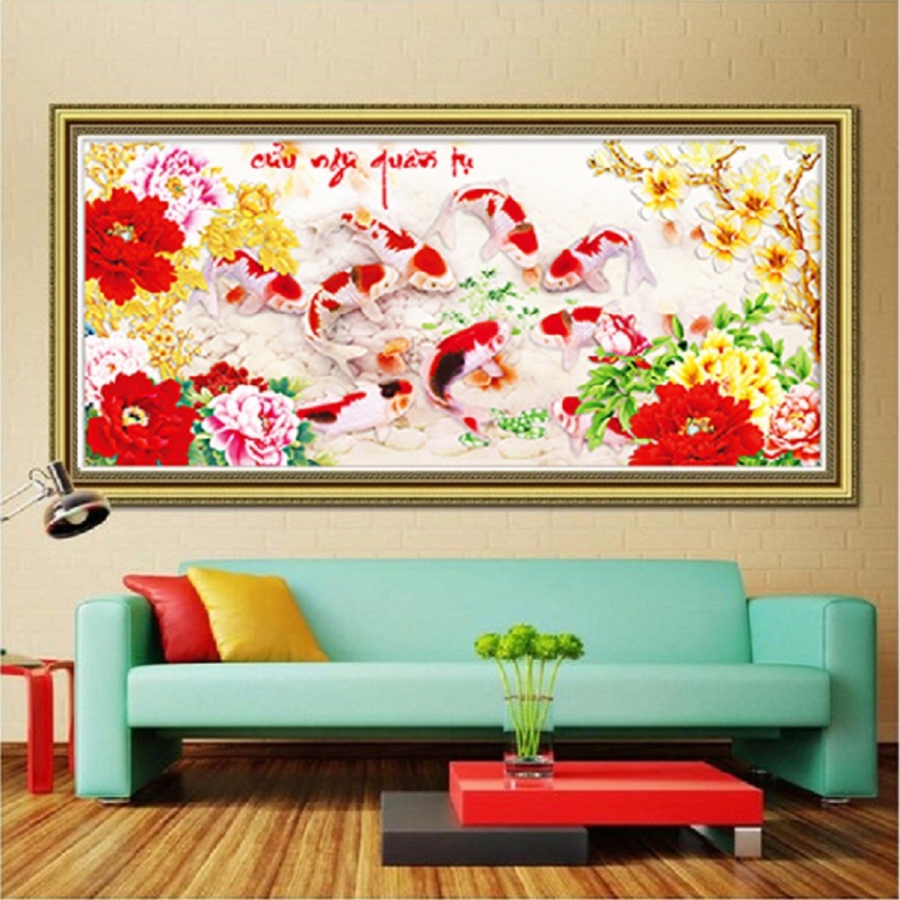 Tranh đính đá Cửu ngư quần hội 149x7cm