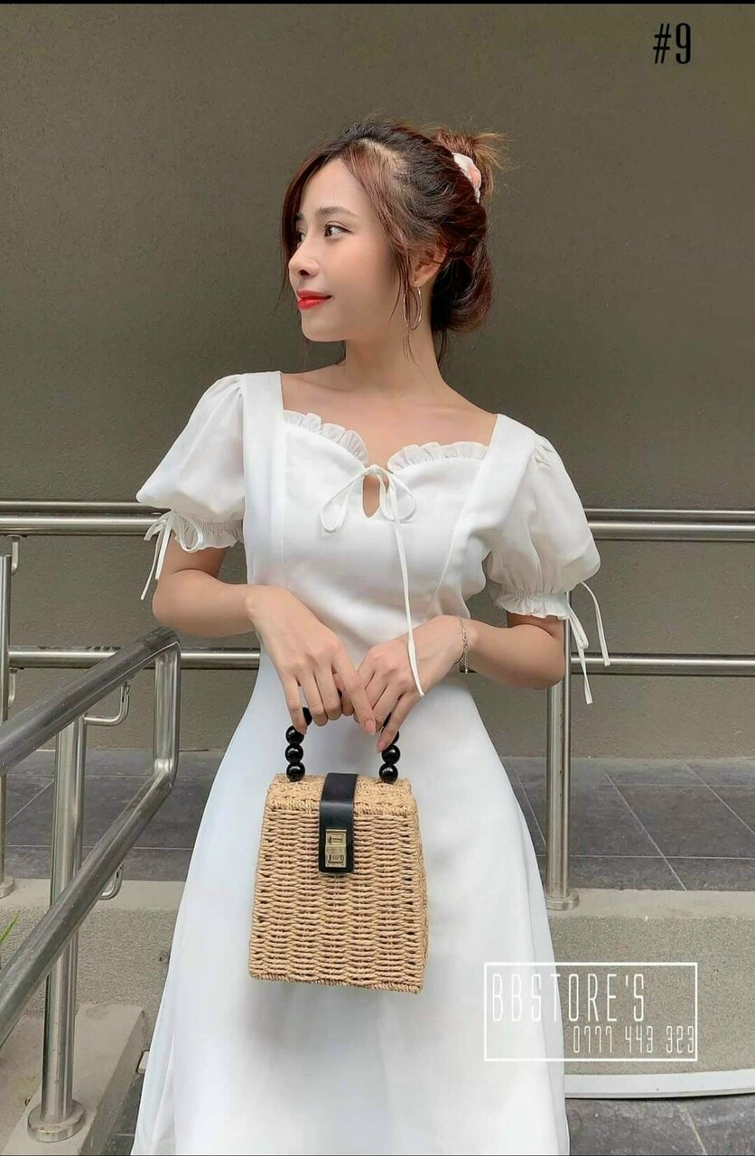 Đầm Cổ Bèo Nhún Tay , Chất Liệu Voan Cao Cấp Mặc Dễ Chịu, Thích Hợp Dự Tiệc Hẹn Hò .QC