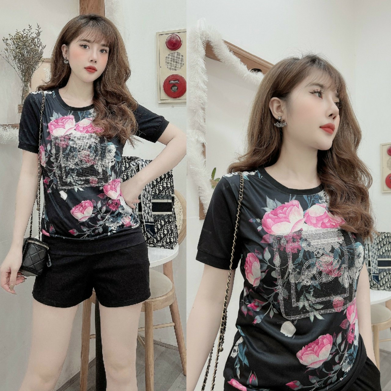Đồ bộ thun cotton đùi nữ đính đá in hoa 3D (màu đen)
