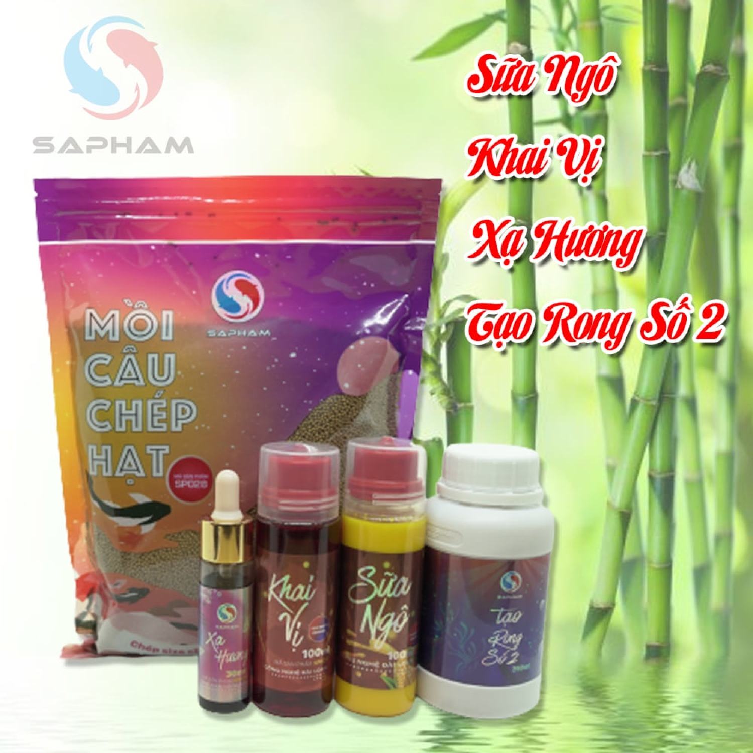 Combo câu chép Sa Phạm: Mồi câu chép hạt + Sữa ngô + Khai vị + Xạ hương + Tạo rong số 2 - Sapham Fishing