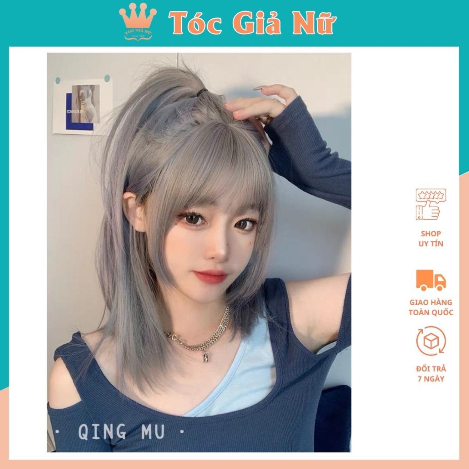 Tóc giả nữ nguyên đầu đẹp cúp layer 35cm omber xám xanh tím tặng lưới trùm wig