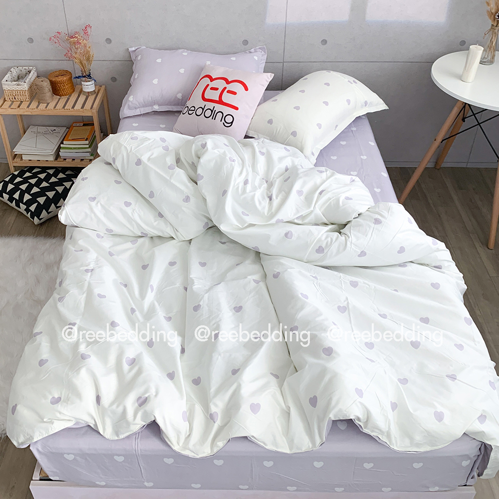 Bộ chăn ga gối Poly Cotton REE Bedding PLC100 trái tim xám tím đủ size giường nệm 1m2, 1m4, 1m6, 1m8, 2m