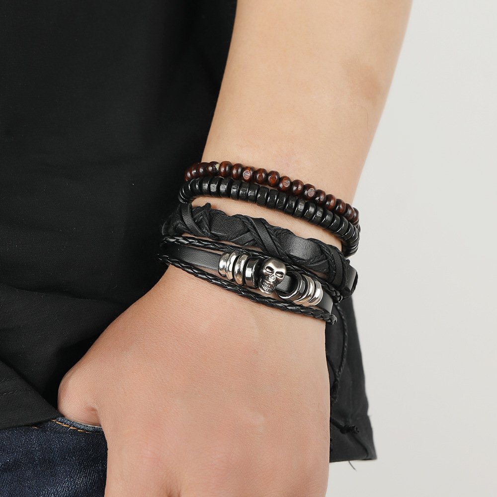 Set vòng tay da nam SKULL hạt cườm nhiều phong cách