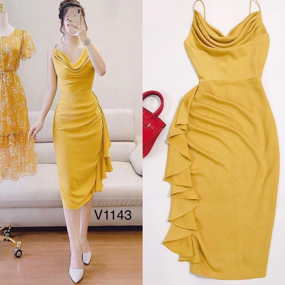 Đầm body cánh tiên xếp ly cổ đổ