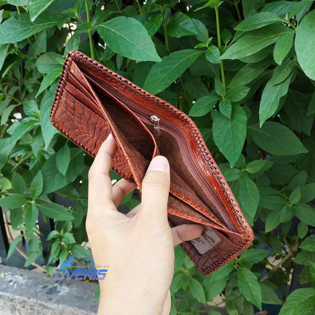[FREE SHIP] Ví Da Bụng Cá Sấu Thật 2 Mặt Đan Viền Cao Cấp by Ovenis