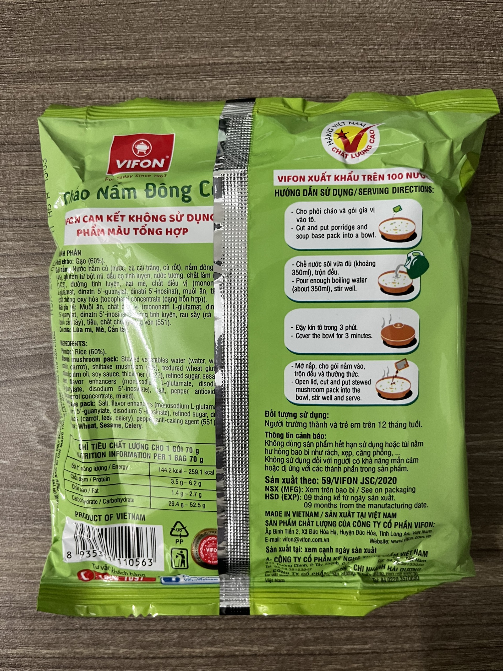 Cháo nấm đông cô ( có gói nấm thật) Vifon 70g
