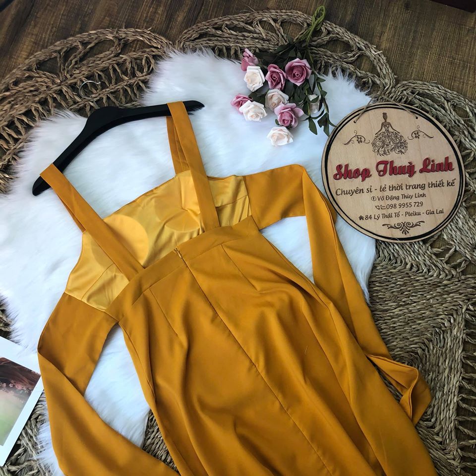 Đầm maxi vàng hở lưng cột nơ - Hình thật