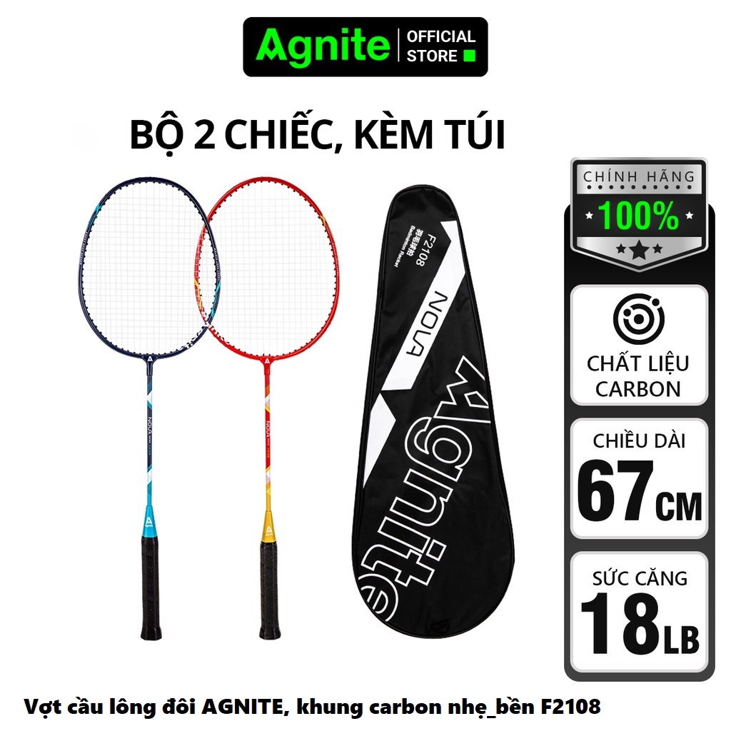 Bộ 2 vợt cầu lông chính hãng AGNITE, khung carbon cao cấp siêu nhẹ