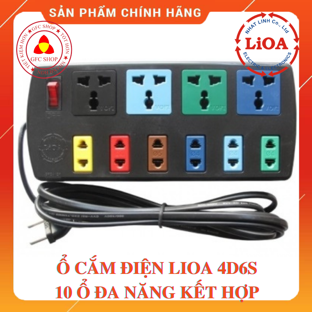 Lioa 10-Outlet Multi-Purpose Power Socket with 3m or 5m 2200W Combination (4D6S or 4D6Sn) Black - New Generation