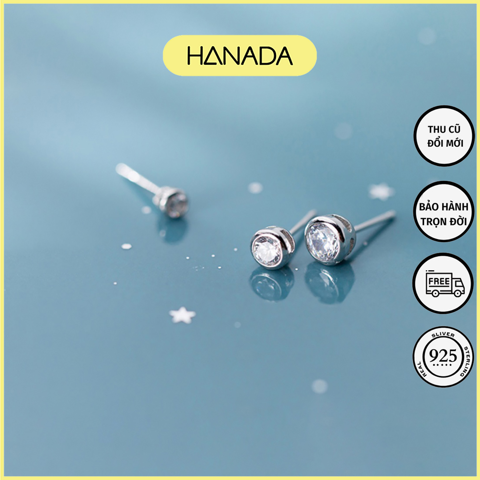 [HCM] Bông Tai Bạc Cao Cấp Hanada Đá Tròn Viền 0404