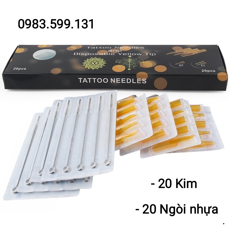 Hộp Kim xăm + Ngòi nhựa 9RM đánh màu ( 20 kim + 20 ngòi )