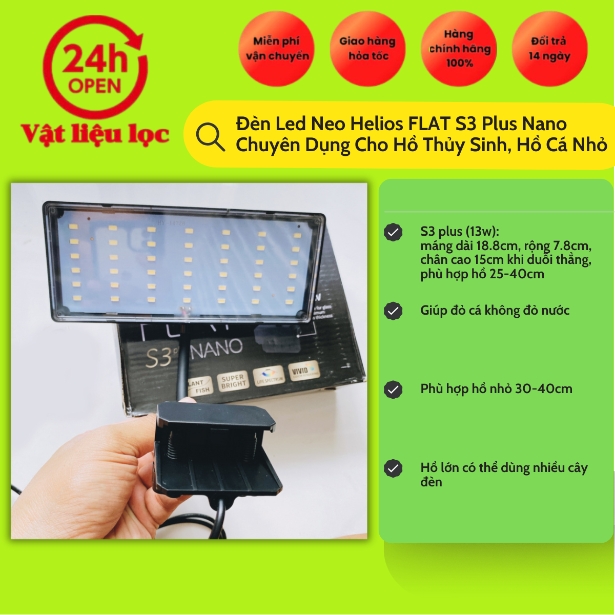 Đèn Flat Nano S3 Plus 13w Đỏ Cá Không Đỏ Nước dành cho bể cá
