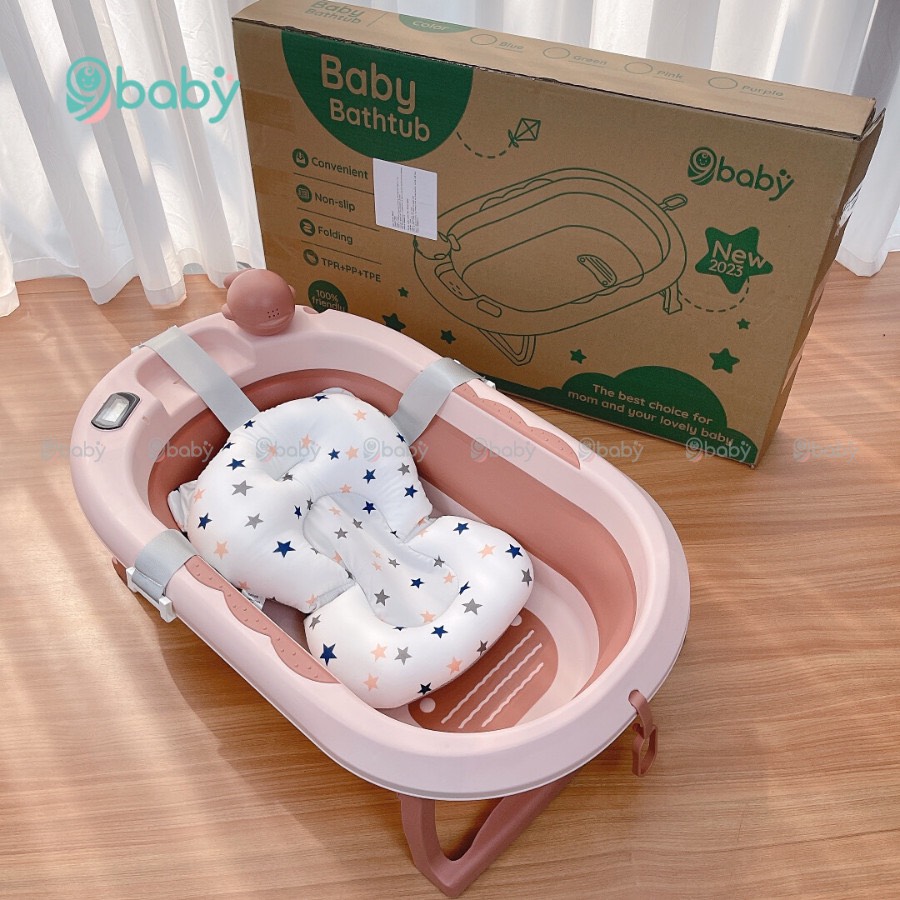 Chậu tắm gấp gọn 9baby nhựa nguyên sinh an toàn cho bé, tặng kèm phao tắm